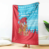 Azerbaijan Christmas Blanket with Santa Riding Horse Red Flame Motif and Blue Islamic Pattern Design - Wonder Print Shop
