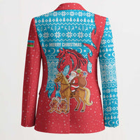 Azerbaijan Christmas Blazer with Santa Riding Horse Red Flame Motif and Blue Islamic Pattern Design - Wonder Print Shop