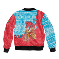 Azerbaijan Christmas Bomber Jacket with Santa Riding Horse Red Flame Motif and Blue Islamic Pattern Design - Wonder Print Shop