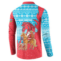 Azerbaijan Christmas Button Sweatshirt with Santa Riding Horse Red Flame Motif and Blue Islamic Pattern Design - Wonder Print Shop