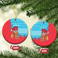 Azerbaijan Christmas Ceramic Ornament with Santa Riding Horse Red Flame Motif and Blue Islamic Pattern Design - Wonder Print Shop