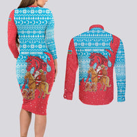 Azerbaijan Christmas Couples Matching Long Sleeve Bodycon Dress and Long Sleeve Button Shirt with Santa Riding Horse Red Flame Motif and Blue Islamic Pattern Design - Wonder Print Shop