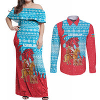 Azerbaijan Christmas Couples Matching Off Shoulder Maxi Dress and Long Sleeve Button Shirt with Santa Riding Horse Red Flame Motif and Blue Islamic Pattern Design - Wonder Print Shop