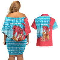 Azerbaijan Christmas Couples Matching Off Shoulder Short Dress and Hawaiian Shirt with Santa Riding Horse Red Flame Motif and Blue Islamic Pattern Design - Wonder Print Shop