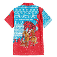 Azerbaijan Christmas Family Matching Mermaid Dress and Hawaiian Shirt with Santa Riding Horse Red Flame Motif and Blue Islamic Pattern Design - Wonder Print Shop