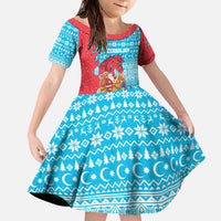 Azerbaijan Christmas Family Matching Off The Shoulder Long Sleeve Dress and Hawaiian Shirt with Santa Riding Horse Red Flame Motif and Blue Islamic Pattern Design - Wonder Print Shop