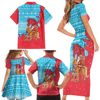 Azerbaijan Christmas Family Matching Short Sleeve Bodycon Dress and Hawaiian Shirt with Santa Riding Horse Red Flame Motif and Blue Islamic Pattern Design - Wonder Print Shop