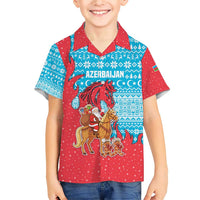 Azerbaijan Christmas Family Matching Short Sleeve Bodycon Dress and Hawaiian Shirt with Santa Riding Horse Red Flame Motif and Blue Islamic Pattern Design - Wonder Print Shop