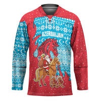 Azerbaijan Christmas Hockey Jersey with Santa Riding Horse Red Flame Motif and Blue Islamic Pattern Design - Wonder Print Shop