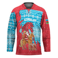 Azerbaijan Christmas Hockey Jersey with Santa Riding Horse Red Flame Motif and Blue Islamic Pattern Design - Wonder Print Shop