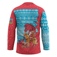 Azerbaijan Christmas Hockey Jersey with Santa Riding Horse Red Flame Motif and Blue Islamic Pattern Design - Wonder Print Shop
