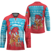 Azerbaijan Christmas Hockey Jersey with Santa Riding Horse Red Flame Motif and Blue Islamic Pattern Design - Wonder Print Shop