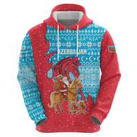 Azerbaijan Christmas Hoodie with Santa Riding Horse Red Flame Motif and Blue Islamic Pattern Design - Wonder Print Shop
