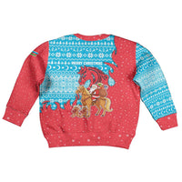 Azerbaijan Christmas Kid Ugly Christmas Sweater with Santa Riding Horse Red Flame Motif and Blue Islamic Pattern Design - Wonder Print Shop