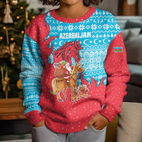 Azerbaijan Christmas Kid Ugly Christmas Sweater with Santa Riding Horse Red Flame Motif and Blue Islamic Pattern Design - Wonder Print Shop