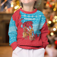 Azerbaijan Christmas Kid Ugly Christmas Sweater with Santa Riding Horse Red Flame Motif and Blue Islamic Pattern Design - Wonder Print Shop