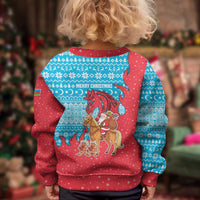 Azerbaijan Christmas Kid Ugly Christmas Sweater with Santa Riding Horse Red Flame Motif and Blue Islamic Pattern Design - Wonder Print Shop