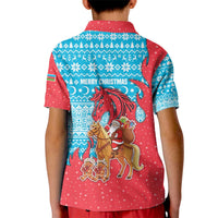 Azerbaijan Christmas Kid Polo Shirt with Santa Riding Horse Red Flame Motif and Blue Islamic Pattern Design - Wonder Print Shop
