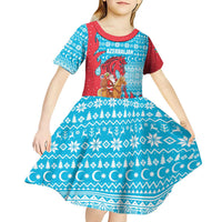 Azerbaijan Christmas Kid Short Sleeve Dress with Santa Riding Horse Red Flame Motif and Blue Islamic Pattern Design - Wonder Print Shop