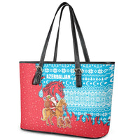 Azerbaijan Christmas Leather Tote Bag with Santa Riding Horse Red Flame Motif and Blue Islamic Pattern Design - Wonder Print Shop