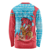 Azerbaijan Christmas Long Sleeve Shirt with Santa Riding Horse Red Flame Motif and Blue Islamic Pattern Design - Wonder Print Shop