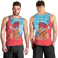 Azerbaijan Christmas Men Tank Top with Santa Riding Horse Red Flame Motif and Blue Islamic Pattern Design - Wonder Print Shop