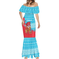 Azerbaijan Christmas Mermaid Dress with Santa Riding Horse Red Flame Motif and Blue Islamic Pattern Design - Wonder Print Shop