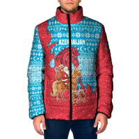 Azerbaijan Christmas Padded Jacket with Santa Riding Horse Red Flame Motif and Blue Islamic Pattern Design - Wonder Print Shop