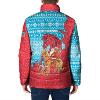 Azerbaijan Christmas Padded Jacket with Santa Riding Horse Red Flame Motif and Blue Islamic Pattern Design - Wonder Print Shop