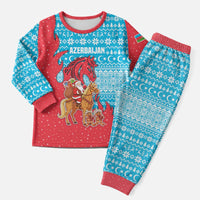 Azerbaijan Christmas Pajama Set with Santa Riding Horse Red Flame Motif and Blue Islamic Pattern Design - Wonder Print Shop