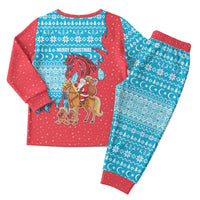 Azerbaijan Christmas Pajama Set with Santa Riding Horse Red Flame Motif and Blue Islamic Pattern Design - Wonder Print Shop