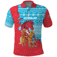 Azerbaijan Christmas Polo Shirt with Santa Riding Horse Red Flame Motif and Blue Islamic Pattern Design - Wonder Print Shop