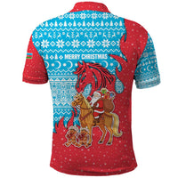 Azerbaijan Christmas Polo Shirt with Santa Riding Horse Red Flame Motif and Blue Islamic Pattern Design - Wonder Print Shop