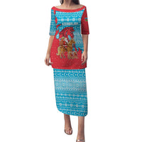 Azerbaijan Christmas Puletasi with Santa Riding Horse Red Flame Motif and Blue Islamic Pattern Design - Wonder Print Shop