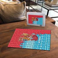 Azerbaijan Christmas Puzzle with Santa Riding Horse Red Flame Motif and Blue Islamic Pattern Design - Wonder Print Shop