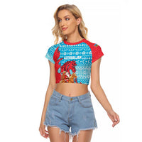 Azerbaijan Christmas Raglan Cropped T Shirt with Santa Riding Horse Red Flame Motif and Blue Islamic Pattern Design - Wonder Print Shop
