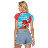 Azerbaijan Christmas Raglan Cropped T Shirt with Santa Riding Horse Red Flame Motif and Blue Islamic Pattern Design - Wonder Print Shop