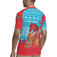 Azerbaijan Christmas Rugby Jersey with Santa Riding Horse Red Flame Motif and Blue Islamic Pattern Design - Wonder Print Shop