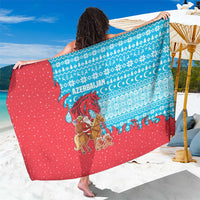 Azerbaijan Christmas Sarong with Santa Riding Horse Red Flame Motif and Blue Islamic Pattern Design - Wonder Print Shop