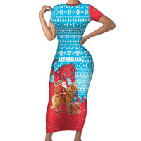 Azerbaijan Christmas Short Sleeve Bodycon Dress with Santa Riding Horse Red Flame Motif and Blue Islamic Pattern Design - Wonder Print Shop