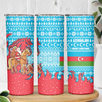 Azerbaijan Christmas Skinny Tumbler with Santa Riding Horse Red Flame Motif and Blue Islamic Pattern Design - Wonder Print Shop