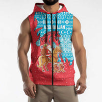 Azerbaijan Christmas Sleeveless Zip Hoodie with Santa Riding Horse Red Flame Motif and Blue Islamic Pattern Design - Wonder Print Shop