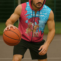 Azerbaijan Christmas Sleeveless Zip Hoodie with Santa Riding Horse Red Flame Motif and Blue Islamic Pattern Design - Wonder Print Shop