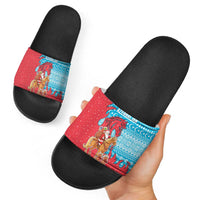 Azerbaijan Christmas Slide Sandals with Santa Riding Horse Red Flame Motif and Blue Islamic Pattern Design - Wonder Print Shop