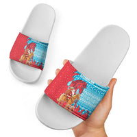 Azerbaijan Christmas Slide Sandals with Santa Riding Horse Red Flame Motif and Blue Islamic Pattern Design - Wonder Print Shop