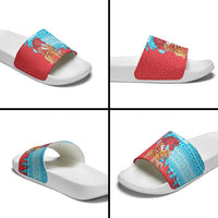 Azerbaijan Christmas Slide Sandals with Santa Riding Horse Red Flame Motif and Blue Islamic Pattern Design - Wonder Print Shop