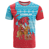 Azerbaijan Christmas T Shirt with Santa Riding Horse Red Flame Motif and Blue Islamic Pattern Design - Wonder Print Shop