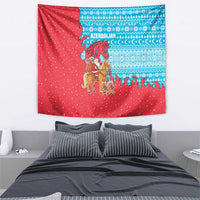 Azerbaijan Christmas Tapestry with Santa Riding Horse Red Flame Motif and Blue Islamic Pattern Design - Wonder Print Shop