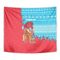 Azerbaijan Christmas Tapestry with Santa Riding Horse Red Flame Motif and Blue Islamic Pattern Design - Wonder Print Shop