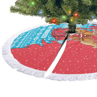 Azerbaijan Christmas Tree Skirt with Santa Riding Horse Red Flame Motif and Blue Islamic Pattern Design - Wonder Print Shop